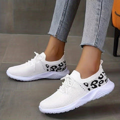 Leopard Print Knit Sports Shoes Breathable Lace Up Running Casual Sneakers