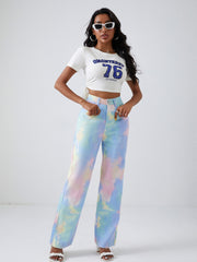 Tie Dye Straight Jeans Raw Cut Loose Fit Denim Pants