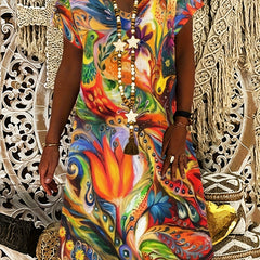 Abstract Print T Shirt Dresses Short Sleeve V Neck Causal Dresses