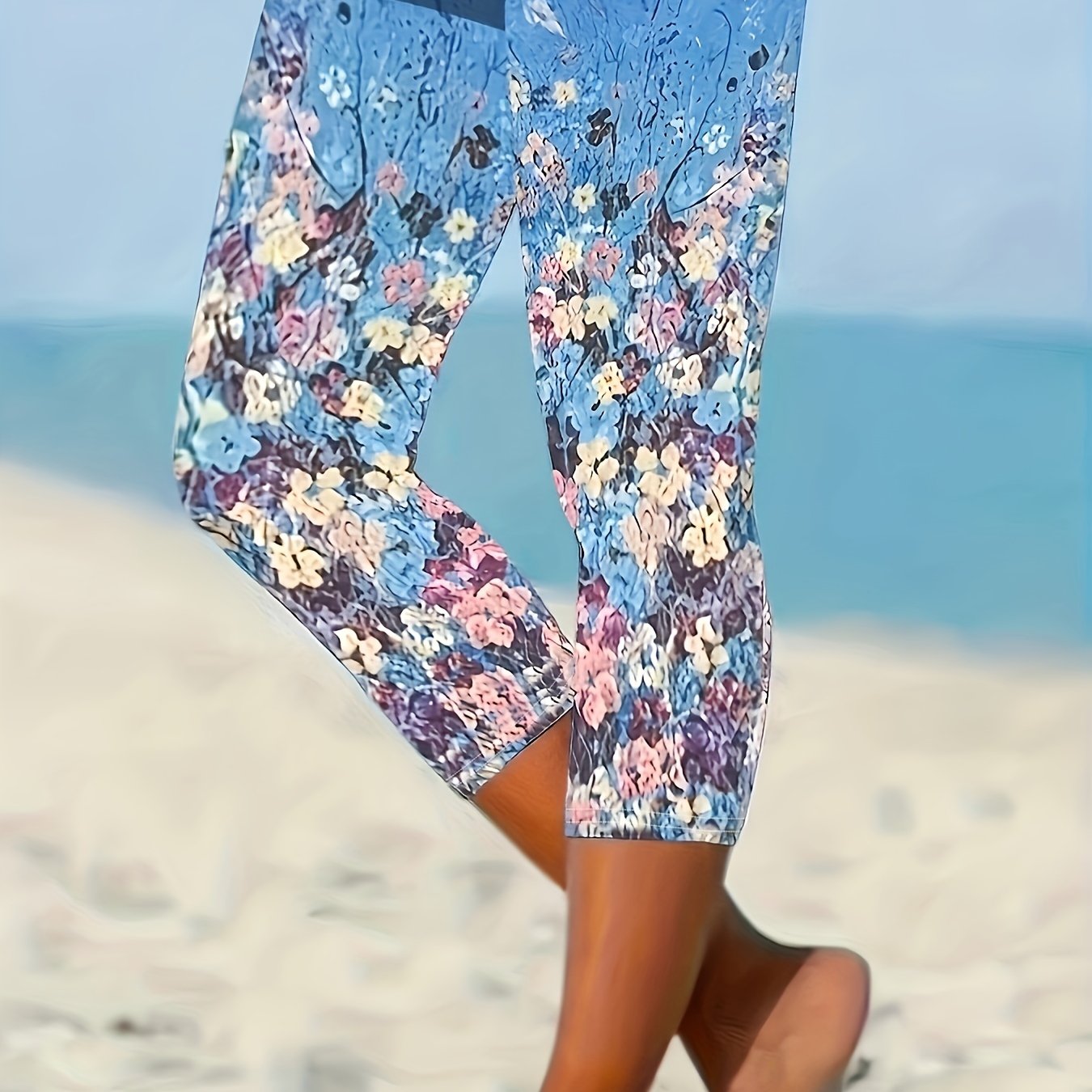 Floral Print Skinny Capris Leggings Stretchy Cropped Leggings