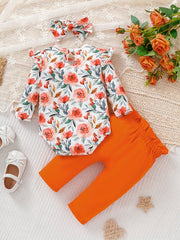 Baby Girl Floral Romper & Pants Set with Headband