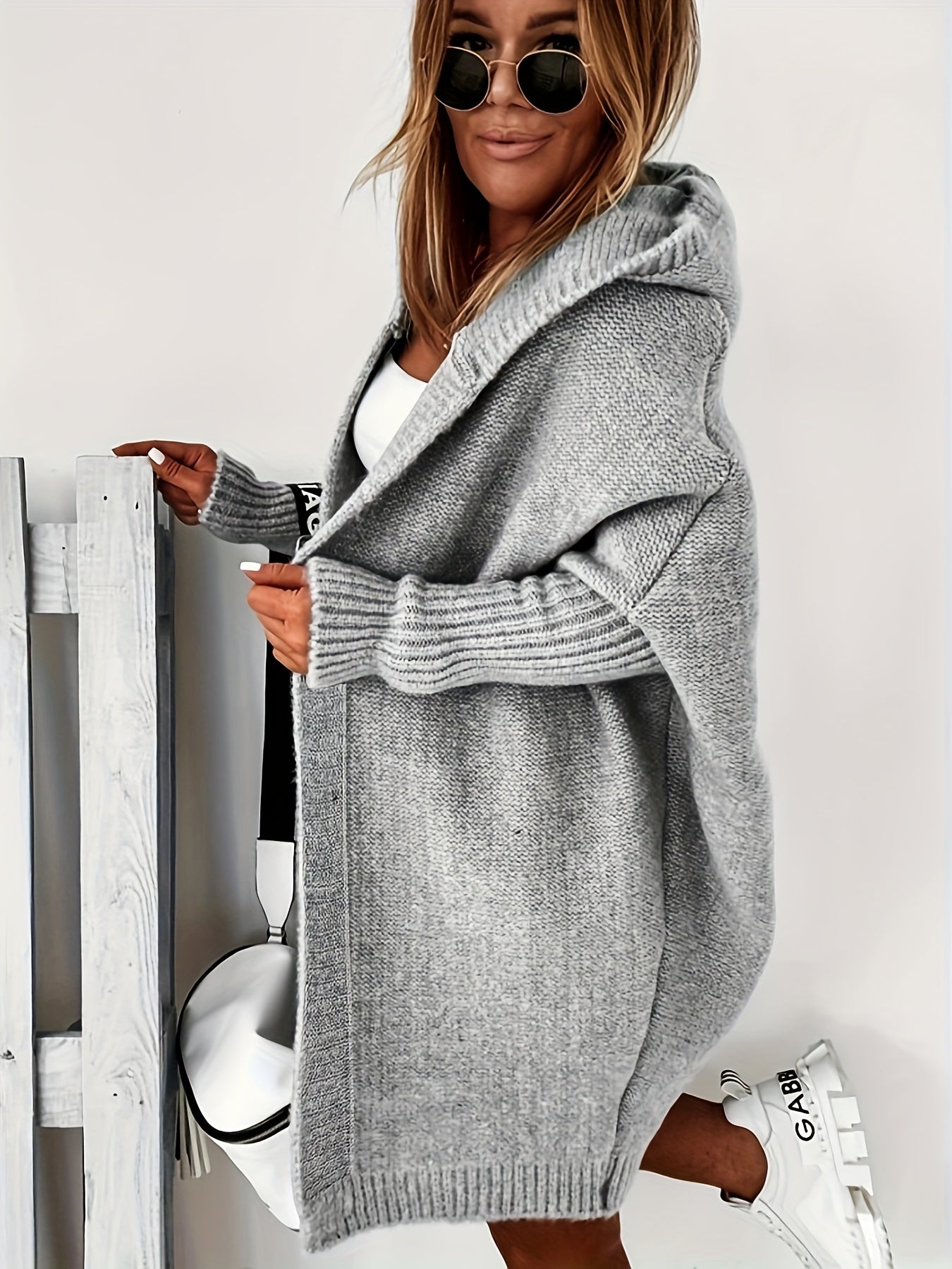 Open Front Hooded Cardigan Batwing Sleeve Mid Length Sweater