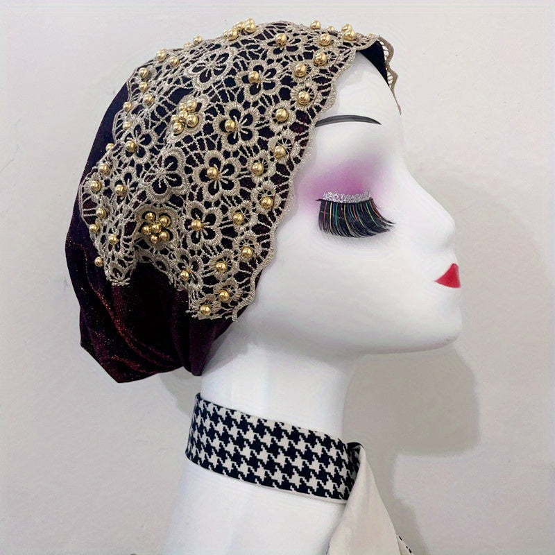 Beaded Lace Mesh Turban Cap - Vintage Head Wrap