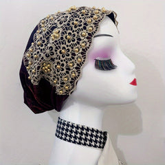 Beaded Lace Mesh Turban Cap - Vintage Head Wrap