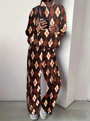 Plus Houndstooth Print Top & Pants Set Women's Plus Size