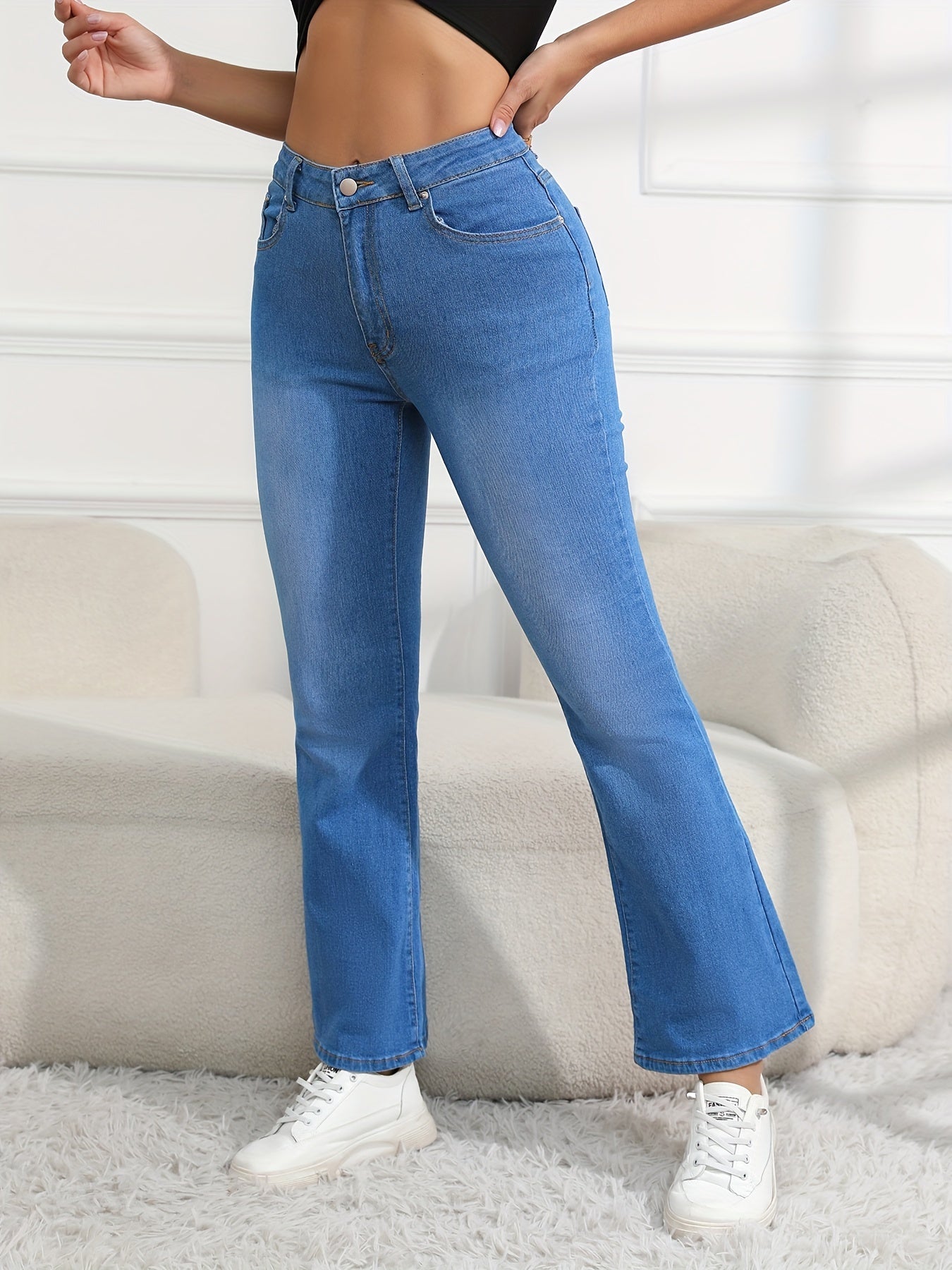 Embroidered Denim Jeans Slash Pockets High Stretch