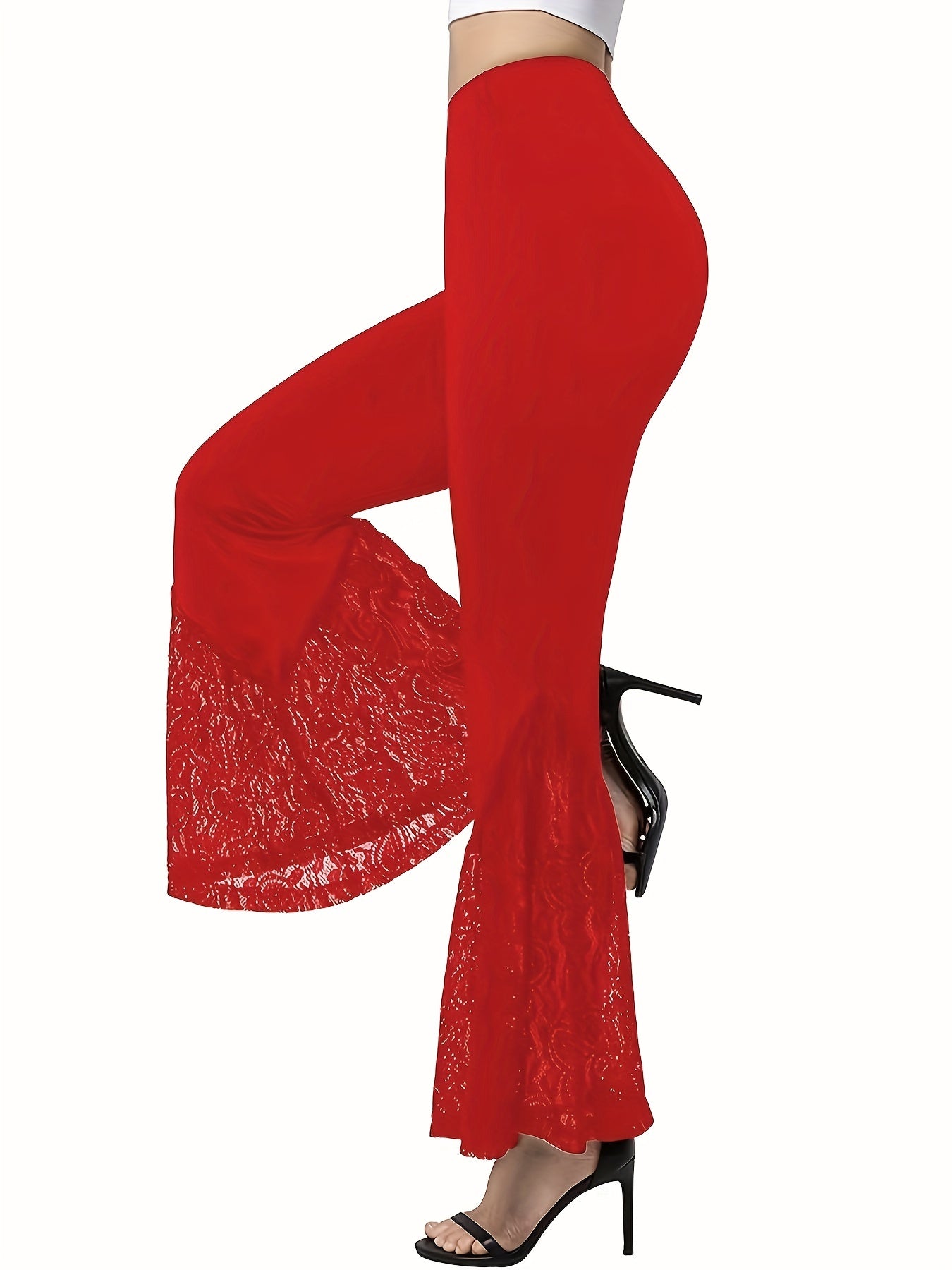 Lace Stitching Flared Leg Pants High Waist Solid Pants