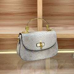 Women's Convertible Crossbody Handbag Snake Texture Beige Golden Tone