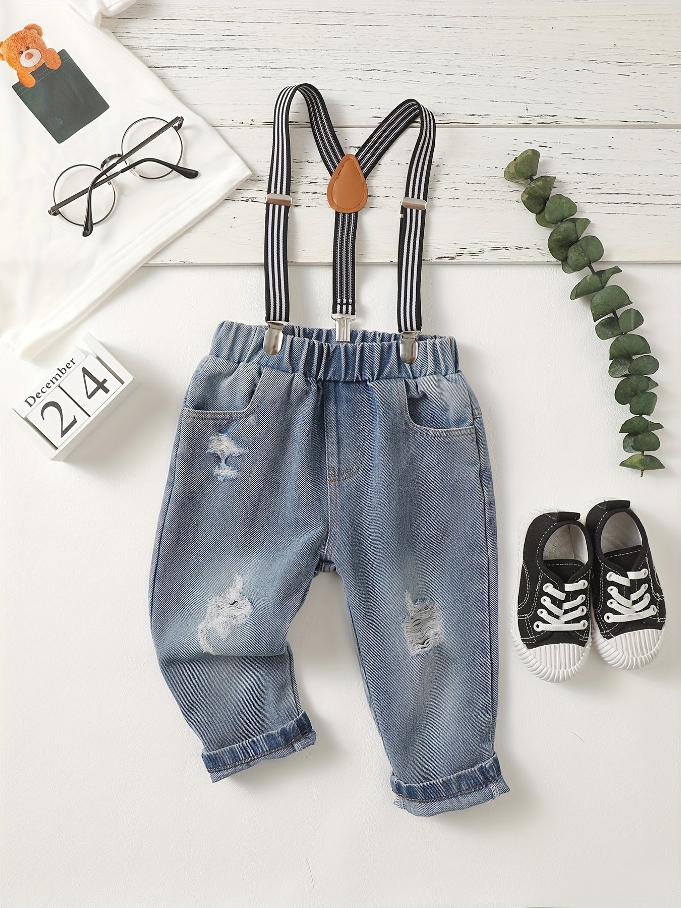 Baby Boys Ripped Denim Suspender Pants Jeans