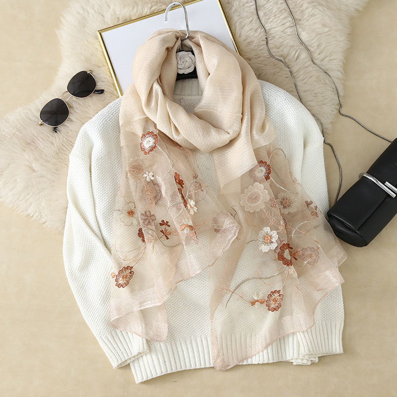 Silk Embroidery Flower Scarf Lightweight