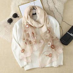 Silk Embroidery Flower Scarf Lightweight