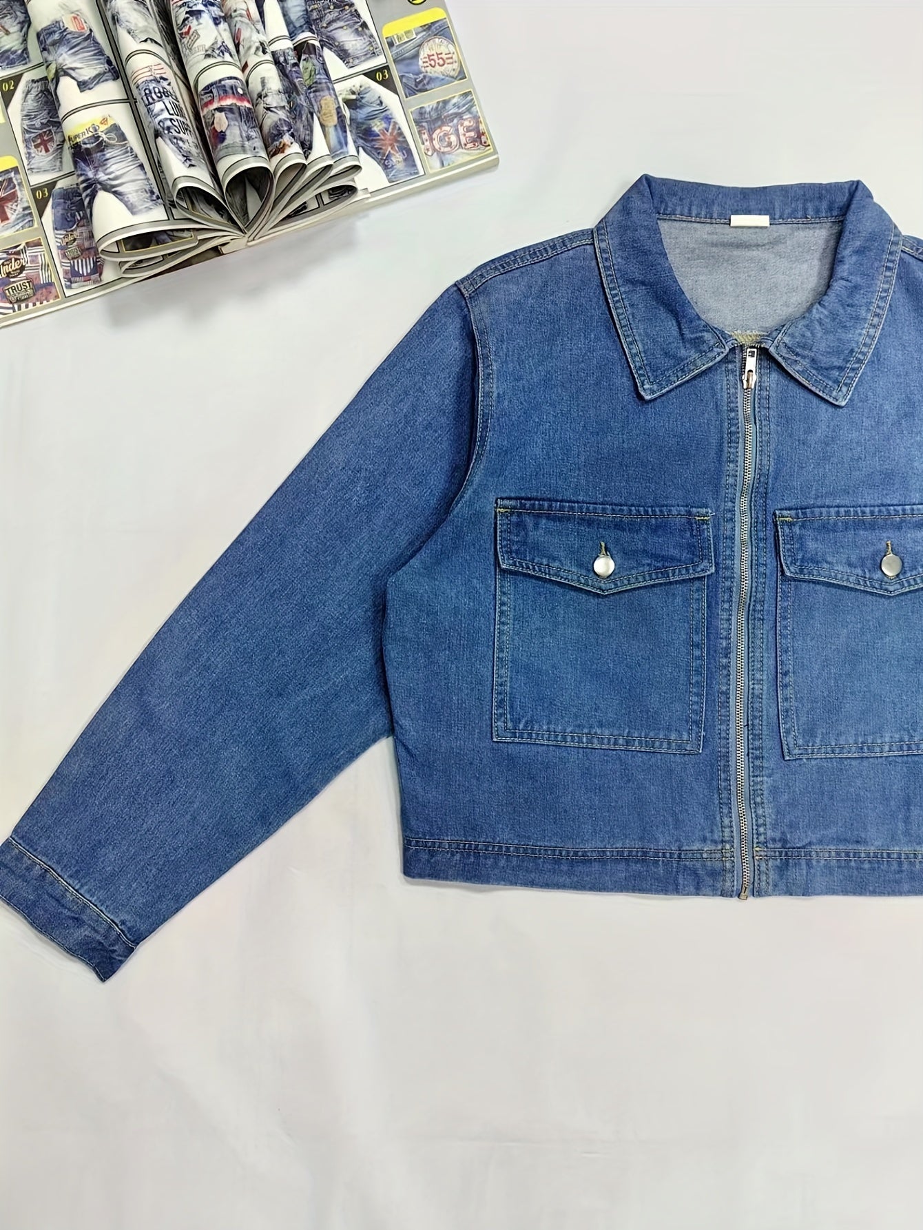 Women's Plus Denim Jacket Long Sleeve Zipper Collar Casual Top