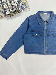 Women's Plus Denim Jacket Long Sleeve Zipper Collar Casual Top