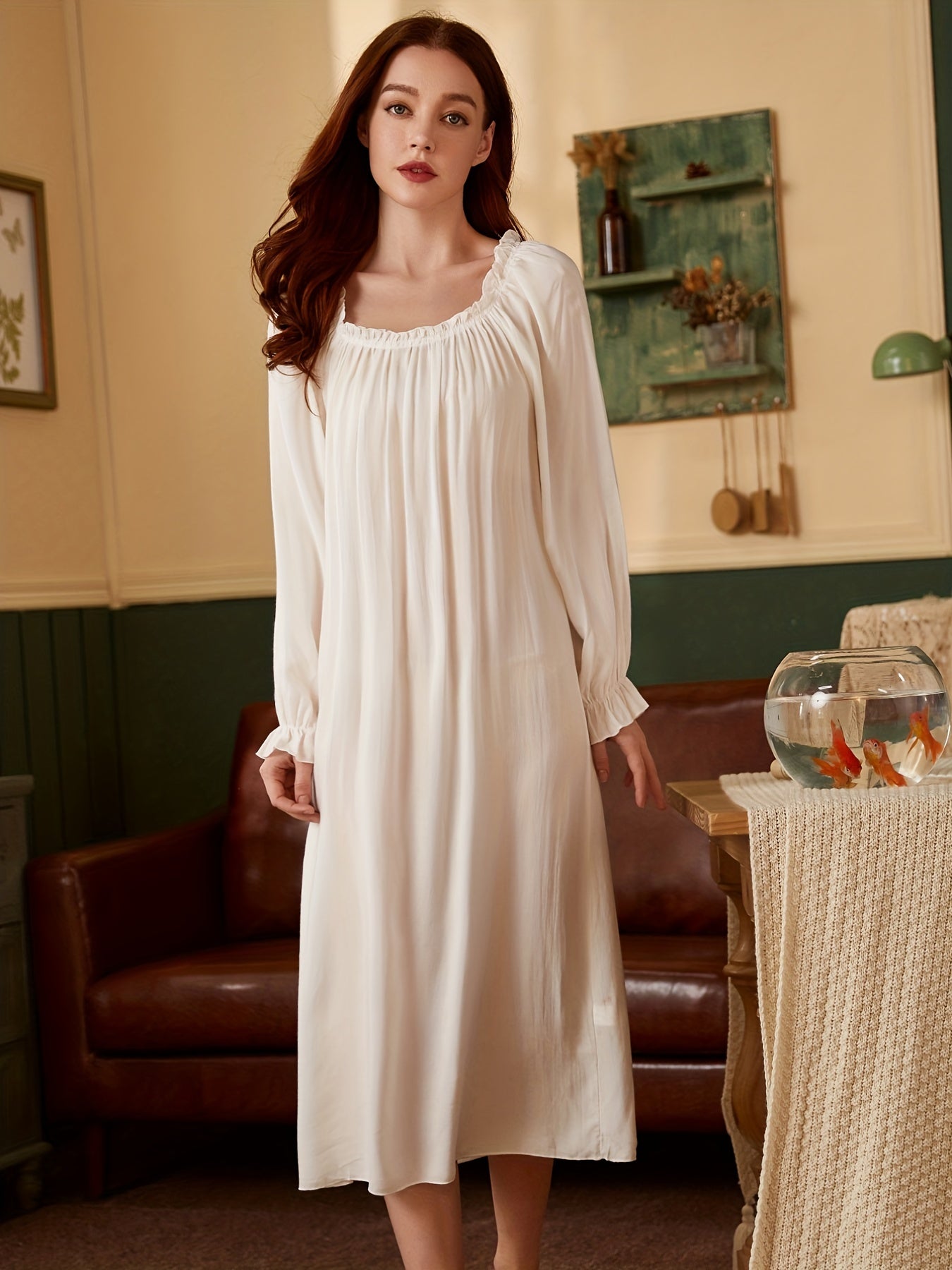 Solid Long Night Dress Court Style Long Sleeve Crew Neck Pajama Dress