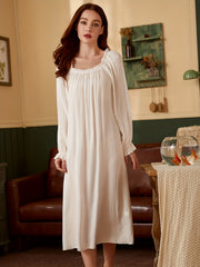Solid Long Night Dress Court Style Long Sleeve Crew Neck Pajama Dress