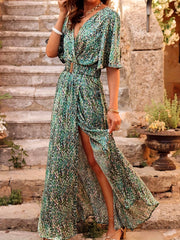 Boho Split Thigh Maxi Dress V Neck Short Sleeve