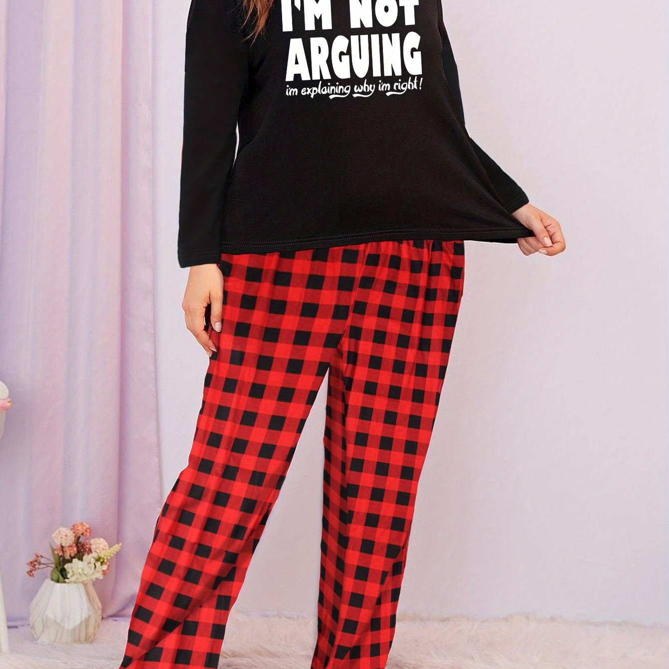 Letter Graphic Long Sleeve Tee & Plaid Pants Lounge Set