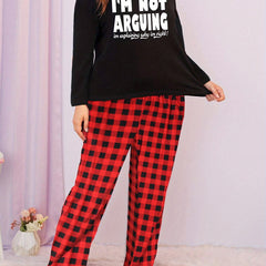 Letter Graphic Long Sleeve Tee & Plaid Pants Lounge Set