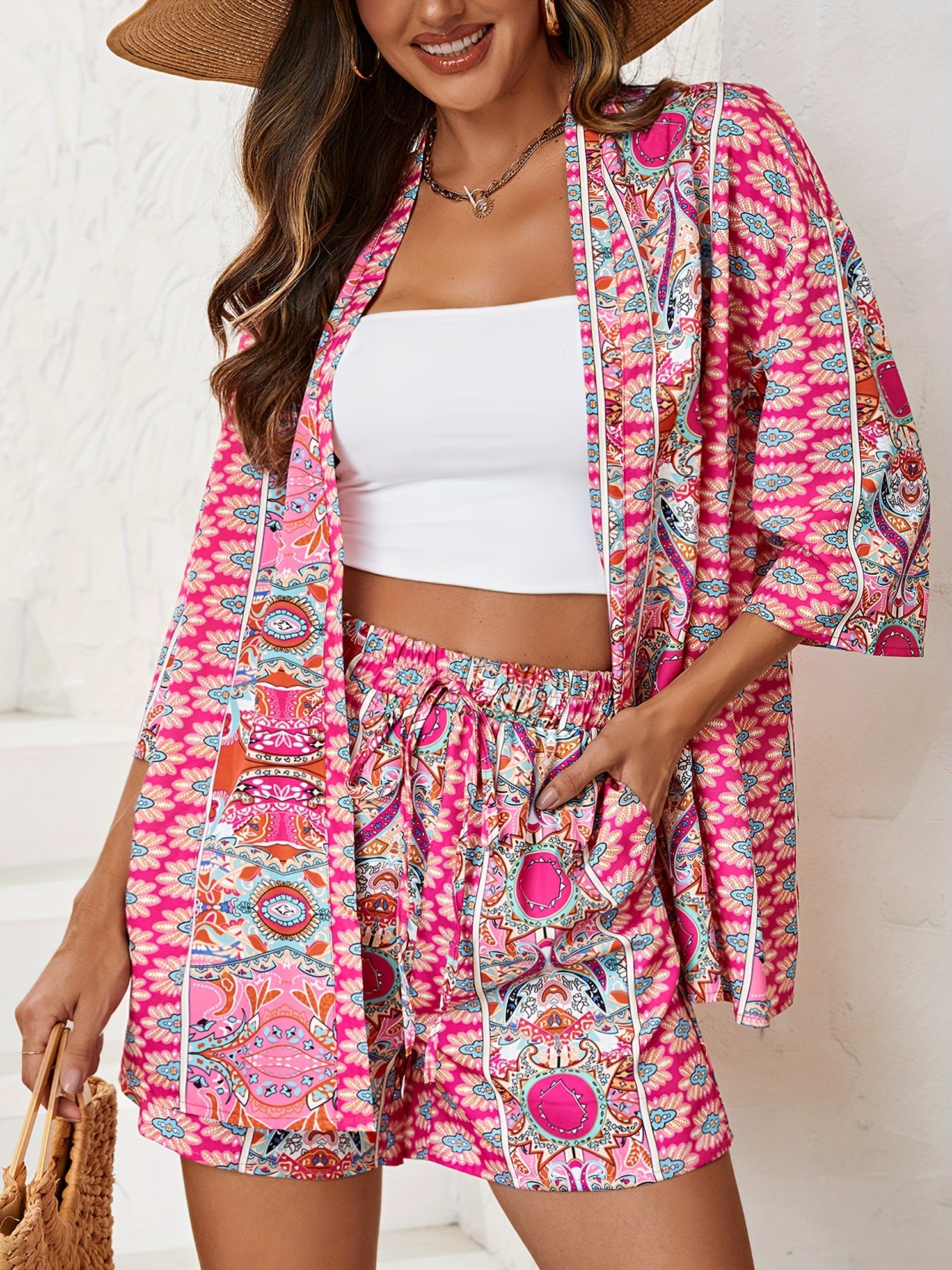 Paisley Print Cardigan & Tie Shorts Set