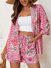 Paisley Print Cardigan & Tie Shorts Set