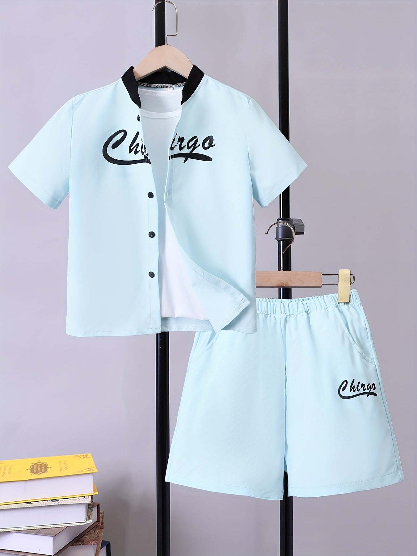 Boys 2pcs Letter Print Casual Outfit Shirt & Shorts Set