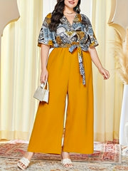 Boho Jumpsuit Colorblock Scarf Print Flutter Sleeve Surplice Neck Belt