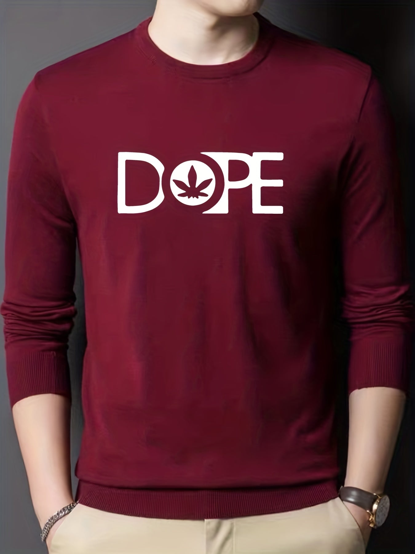 Men's Leaf & Letter Print Knitted Sweater Stretch Long Sleeve Top
