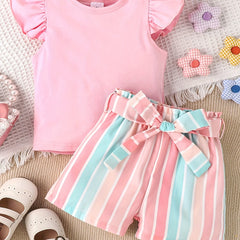 Toddler Girls Ruffle Trim T Shirts & Striped Shorts Set
