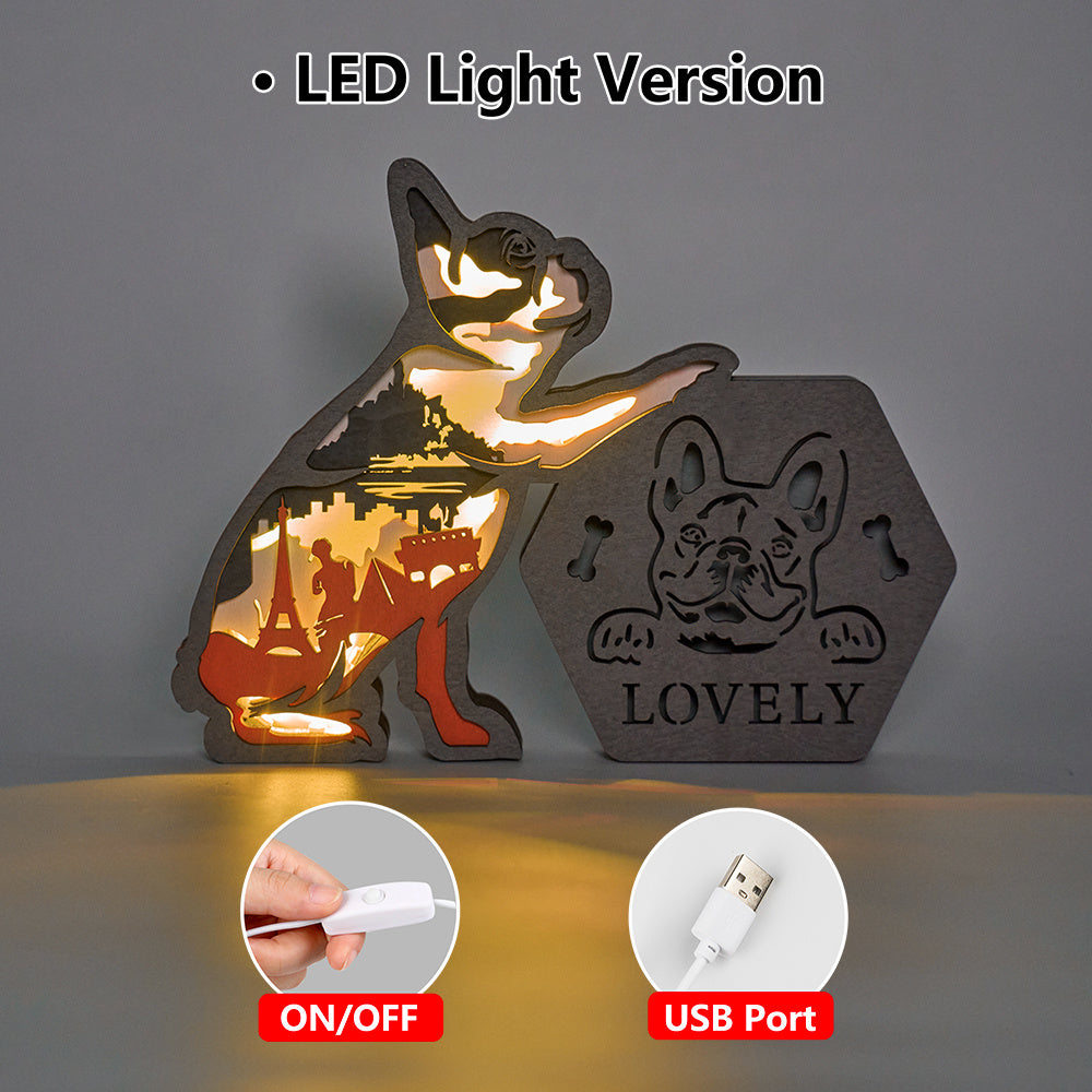 French Bulldog 3D Wooden Carving LED Night Light Pencil Holder