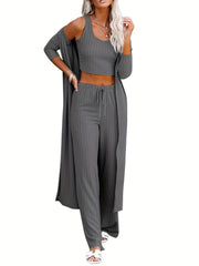 Solid Ribbed Lounge Set Long Sleeve Robe & Crew Neck Tank Top & Lace Up Pants