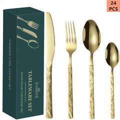 24pcs Stone Grain Stainless Steel Tableware Set, 6 Person, Dishwasher Safe