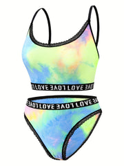 Exotic Bra & Panty Set Tie Dye Lace Trim Lingerie Two Piece Set