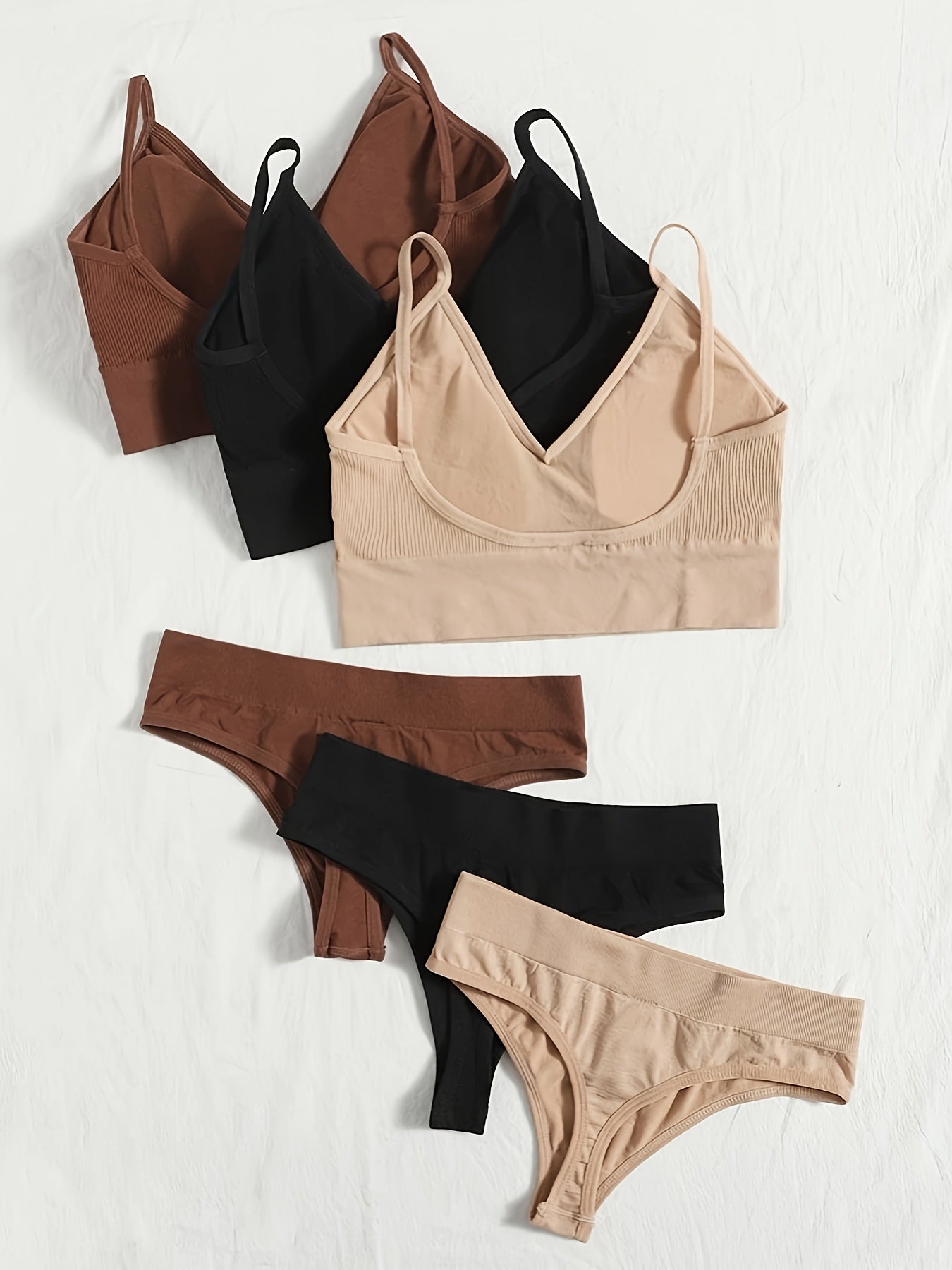 3 Sets Ribbed Bra & Panties Wireless Bralette & Thongs Lingerie