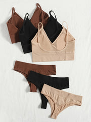 3 Sets Ribbed Bra & Panties Wireless Bralette & Thongs Lingerie
