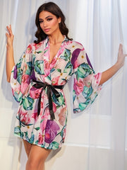 Leopard Print Night Robe V Neck Wide Sleeve Belt Sleepwear