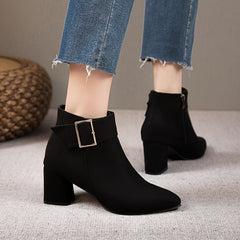 Women's Chunky Heel Ankle Boots with Buckle Decor Side Zip