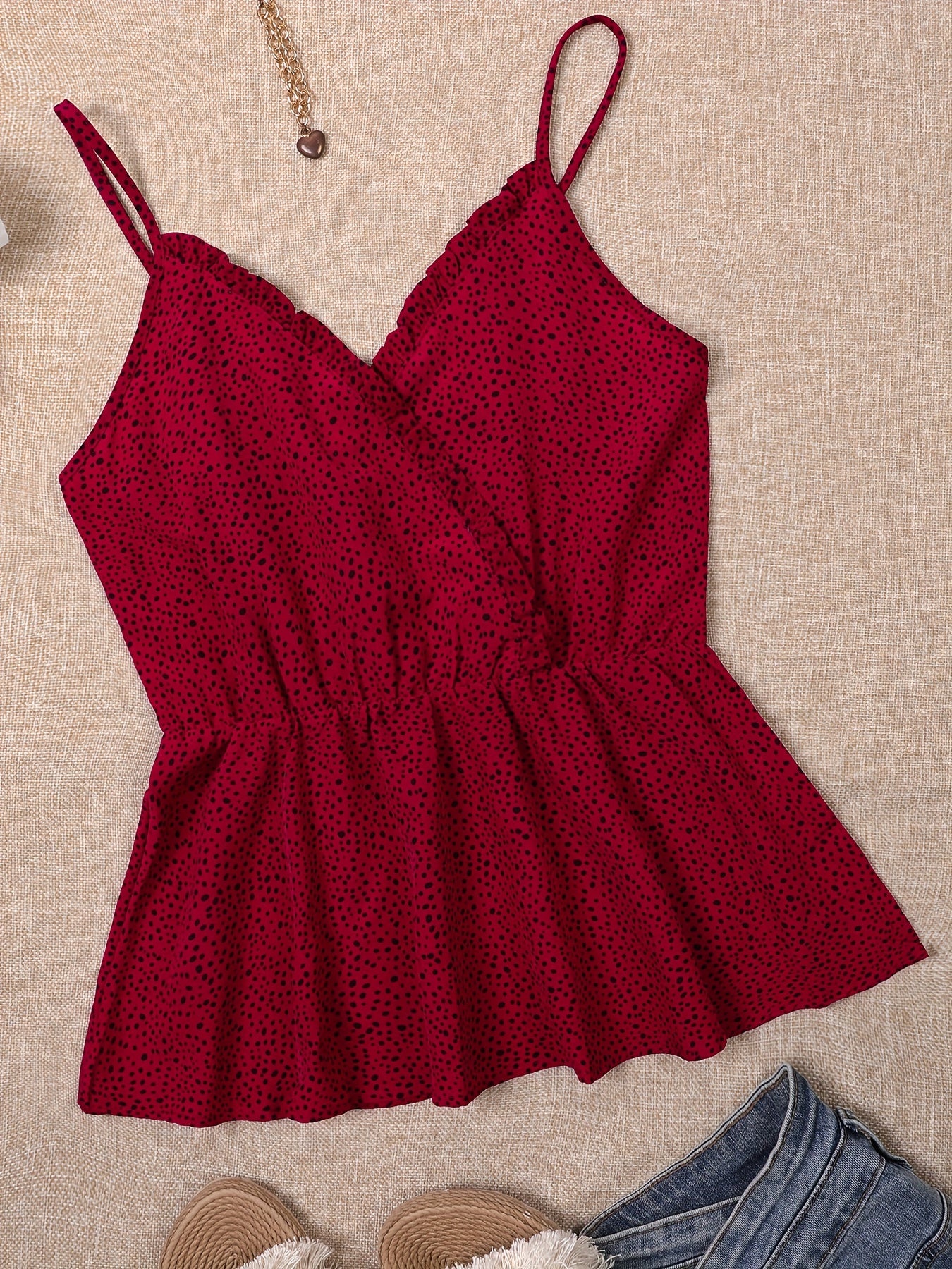 Polka Dot Ruffle Trim Cami Top V Neck Spaghetti Strap