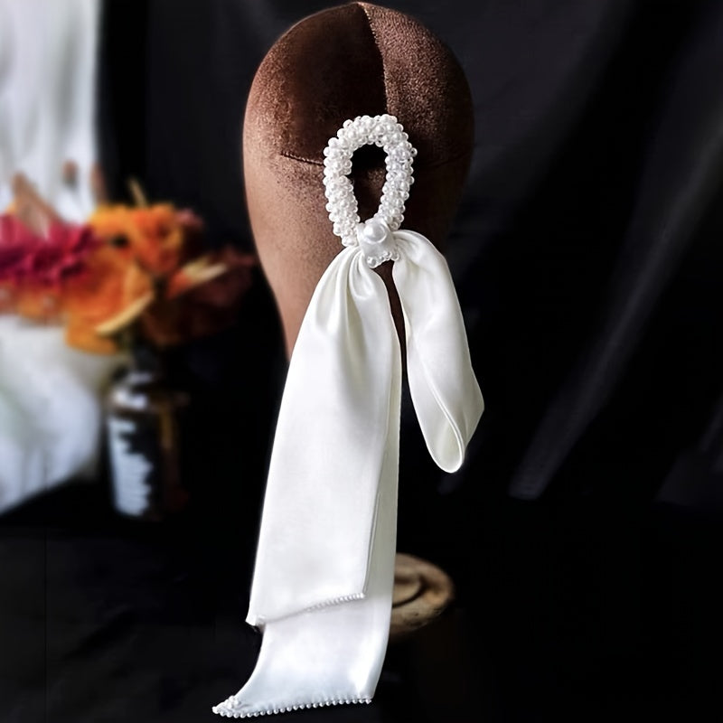 Pearl Silk Streamers Long Hair Tie Ribbon Bow