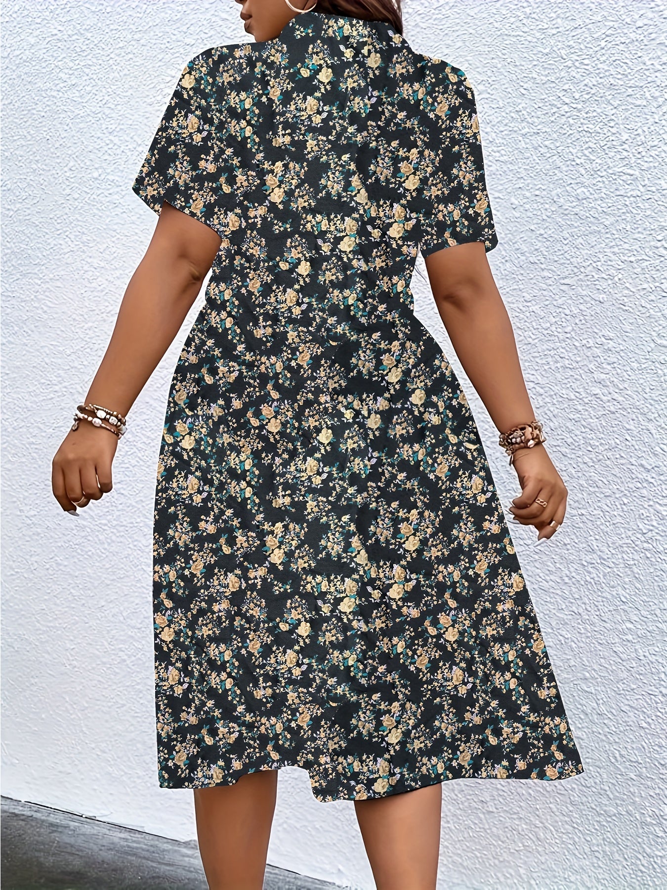 Plus Size Boho Dress Women's Plus Floral Print Short Sleeve Belted Dress