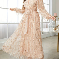 Sequin Fringe Lantern Sleeve Maxi Dress