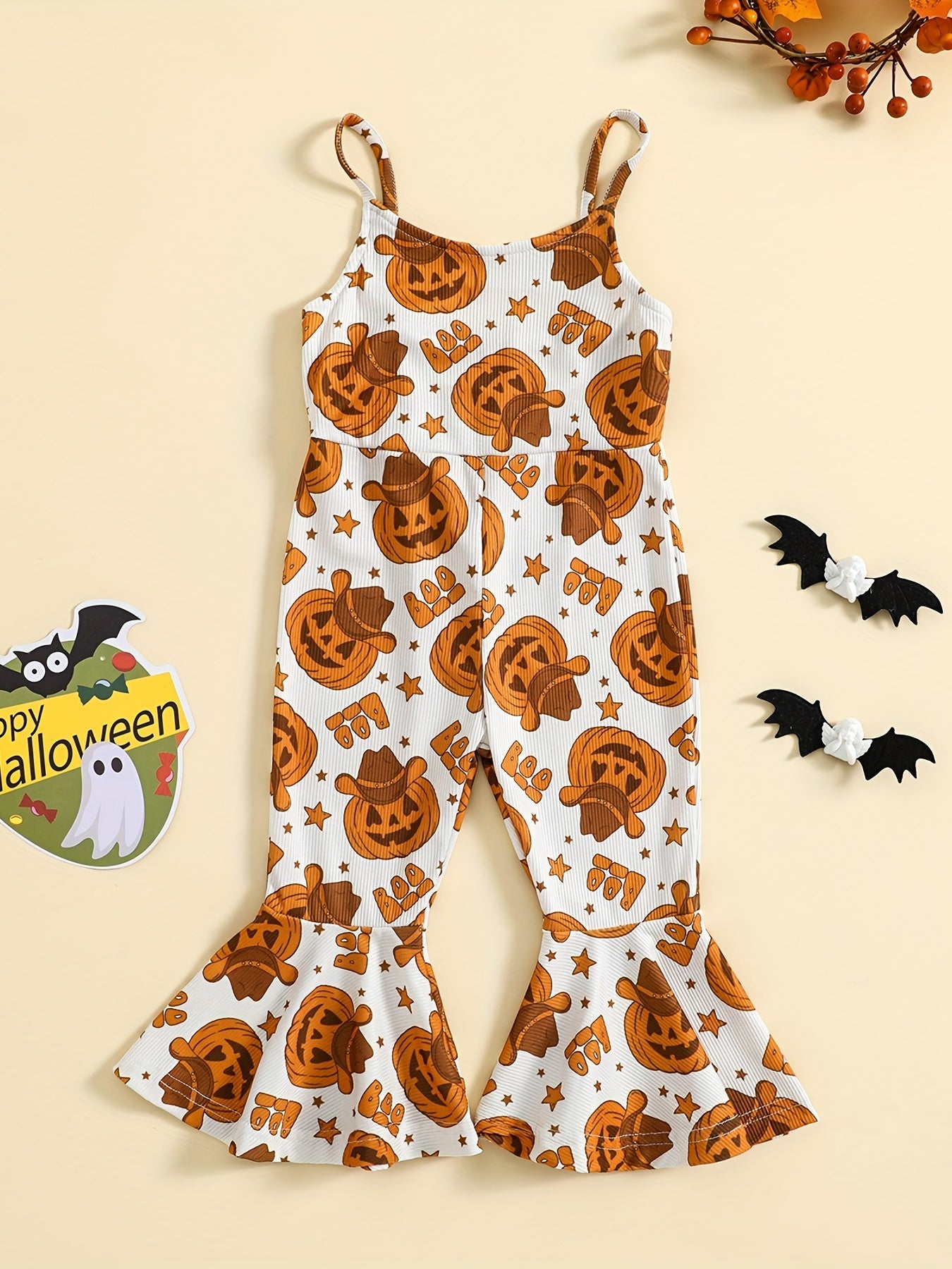 Girls' Pumpkin Allover Ribbed Flare Leg Jumpsuit