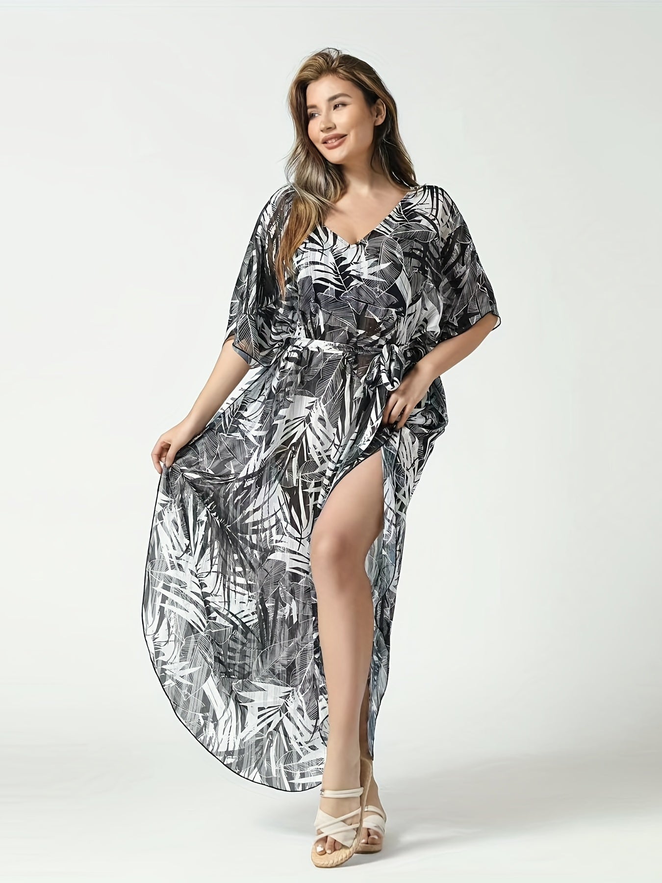 Tropical Print V Neck Bat Sleeve Cover Up Dress