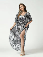 Tropical Print V Neck Bat Sleeve Cover Up Dress