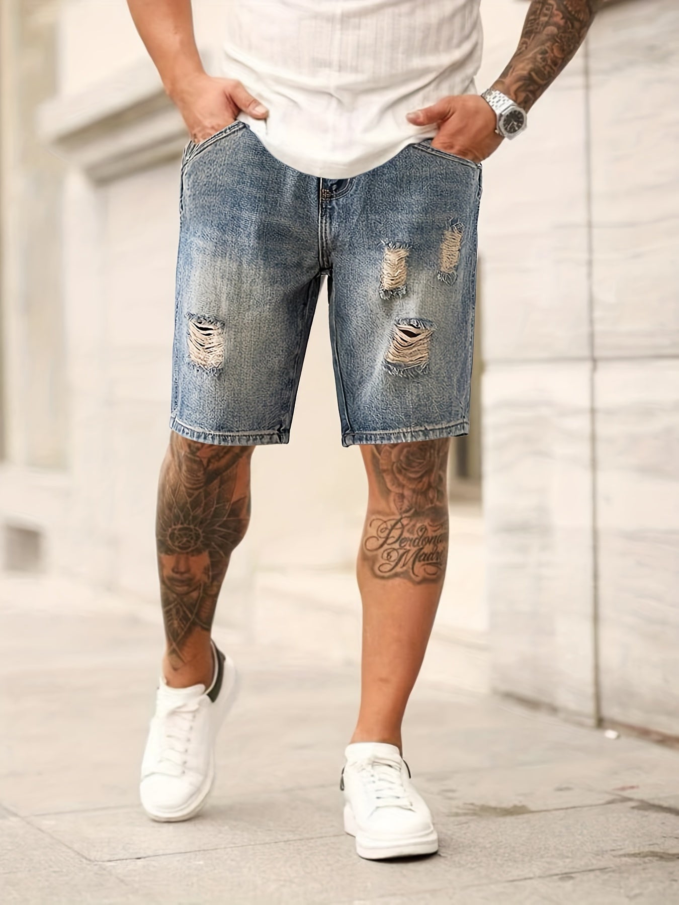 Men's Vintage Denim Shorts, Ripped, Washed for Summer