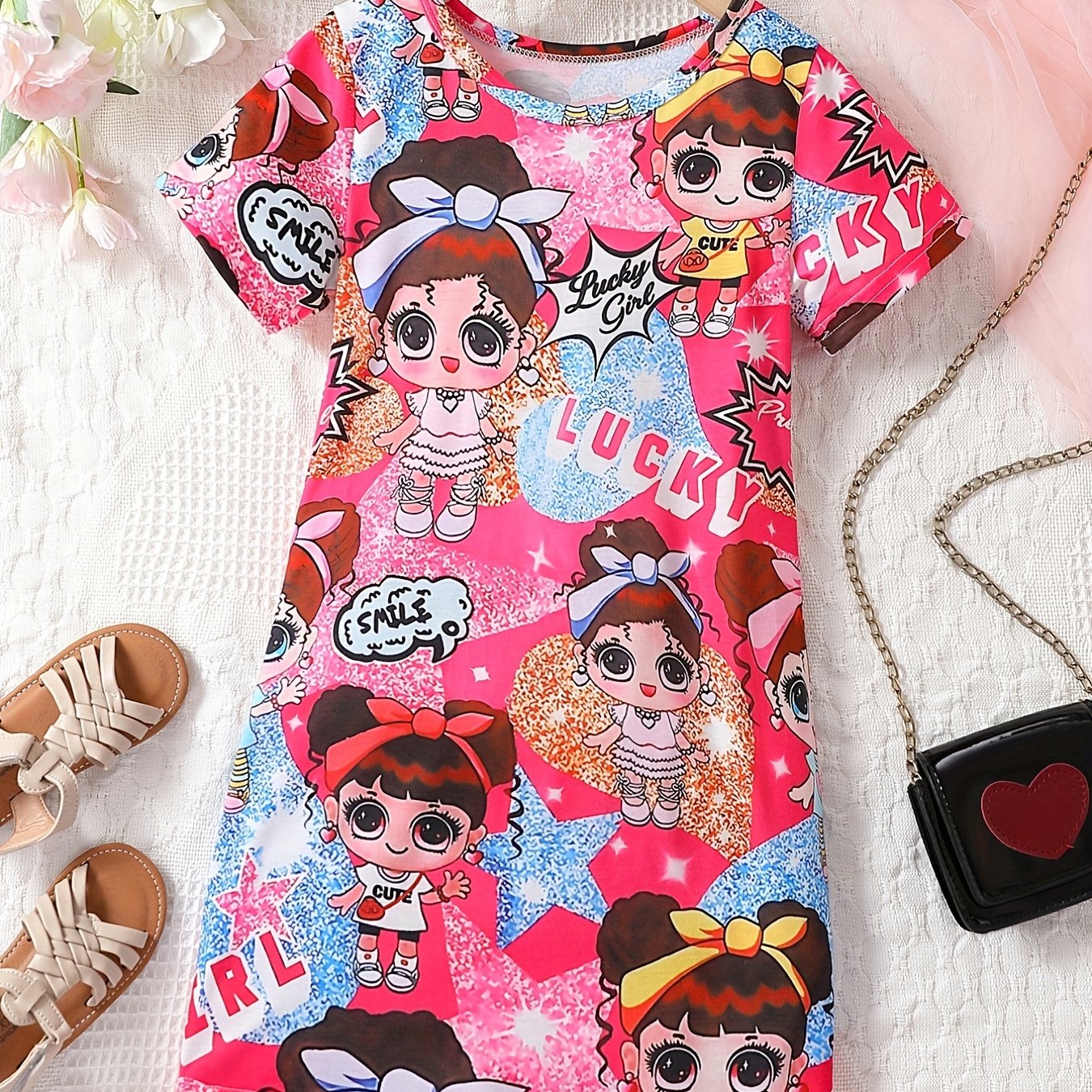 Toddler Girls Dress ''Cartoon Girl'' Graphic Short Sleeve Casual T Shirt Dress