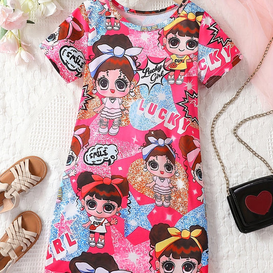 Toddler Girls Dress ''Cartoon Girl'' Graphic Short Sleeve Casual T Shirt Dress