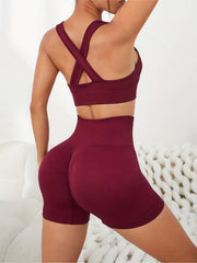 2pcs Women Ribbed Sports Set Running Sports Bra & Biker Shorts Activewear