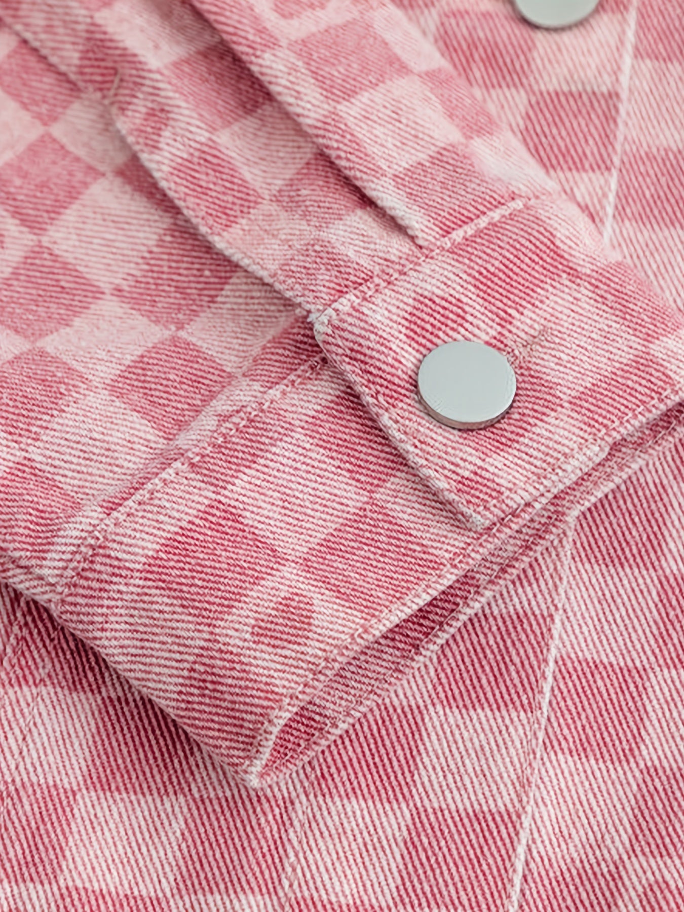 Pink Checkerboard Lapel Denim Jackets Long Sleeves Drop Shoulder Denim Coats