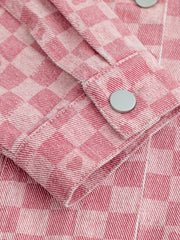 Pink Checkerboard Lapel Denim Jackets Long Sleeves Drop Shoulder Denim Coats