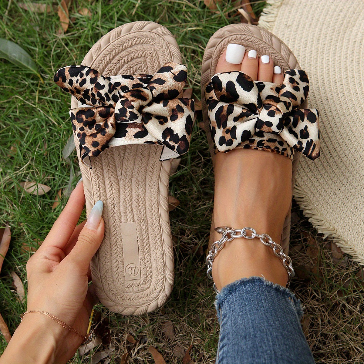Leopard Pattern Bowknot Beach Slippers Flat Summer Slippers